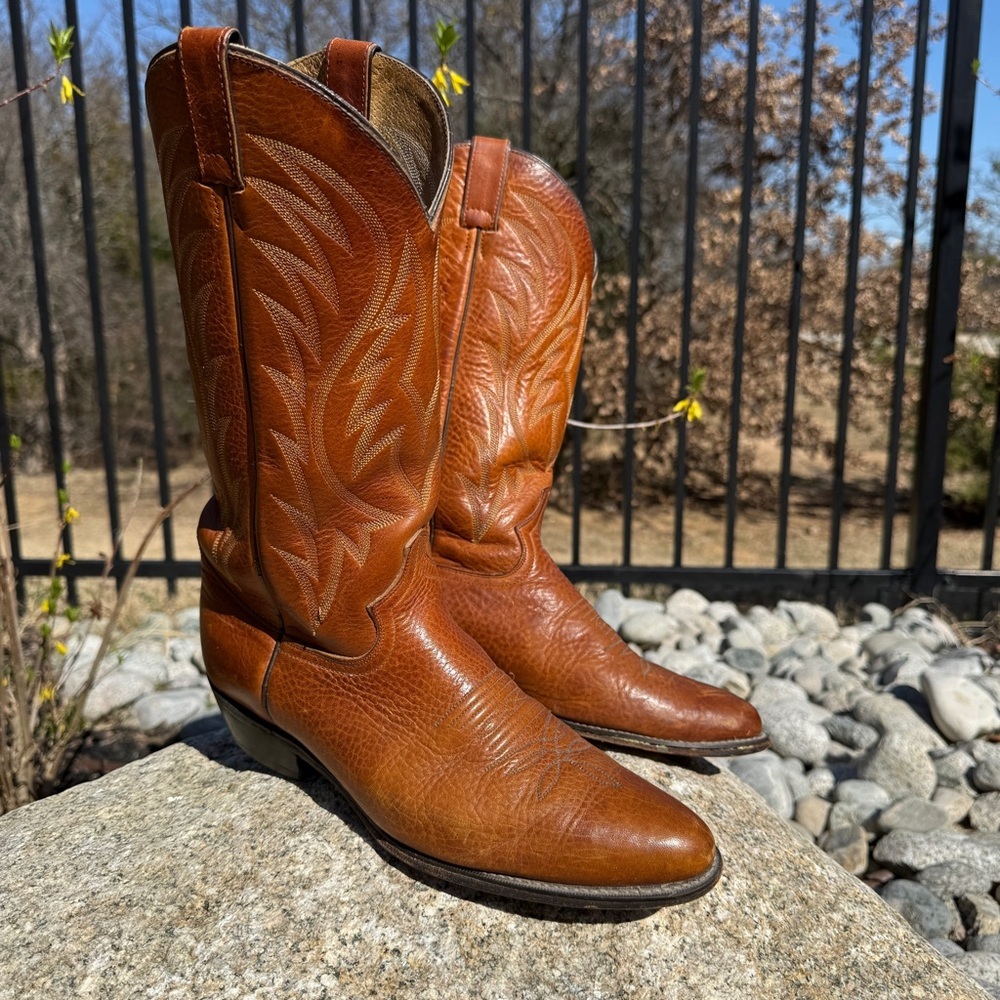 Mens JUSTIN BOOTS Brown Calf Leather Western Cowboy Low Heel Riding Boots 9.5 D